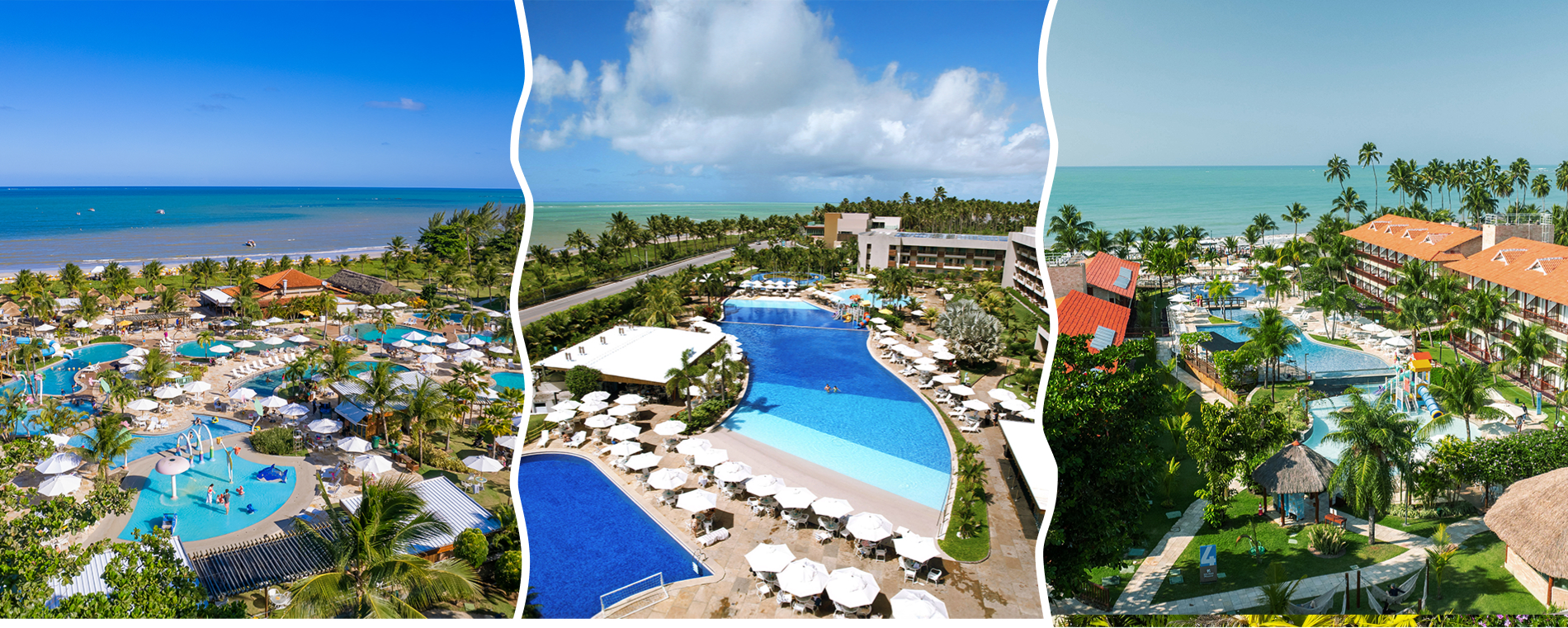 Um conjunto de três imagens aéreas que destacam os resorts Amarante. A vista aérea do Salinas Maragogi mostra a área de lazer, contemplando um complexo de piscinas, toboáguas, alguns pontos de consumo e a praia ao fundo. A vista aérea do Japaratinga Lounge Resort destaca as piscinas, vários guarda-sóis e espreguiçadeiras brancas ao redor da piscina, coqueiros, estrutura do resort e a vista do mar e da praia ao fundo. A vista aérea do resort Salinas Maceió com piscinas, brinquedos aquáticos e o mar ao fundo.