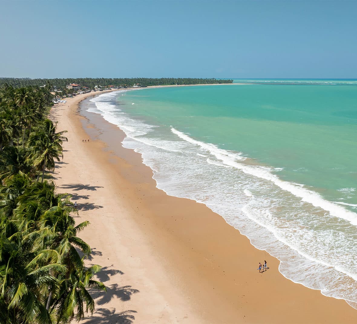 Vista da praia de Ipioca com areia clara, cercada por um denso coqueiral. O mar é de um azul-turquesa intenso, com ondas suaves quebrando na beira. Uma família caminha na areia.
