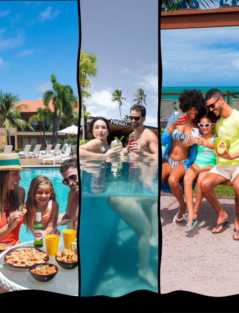 Família feliz se diverte pulando em piscina infantil do Salinas Maragogi. Casal desfruta deliciosos petiscos à beira da pisicna do Mangô Bar, no Japaratinga Lounge Resort. Família aproveita piscina infantil no Salinas Maceió.