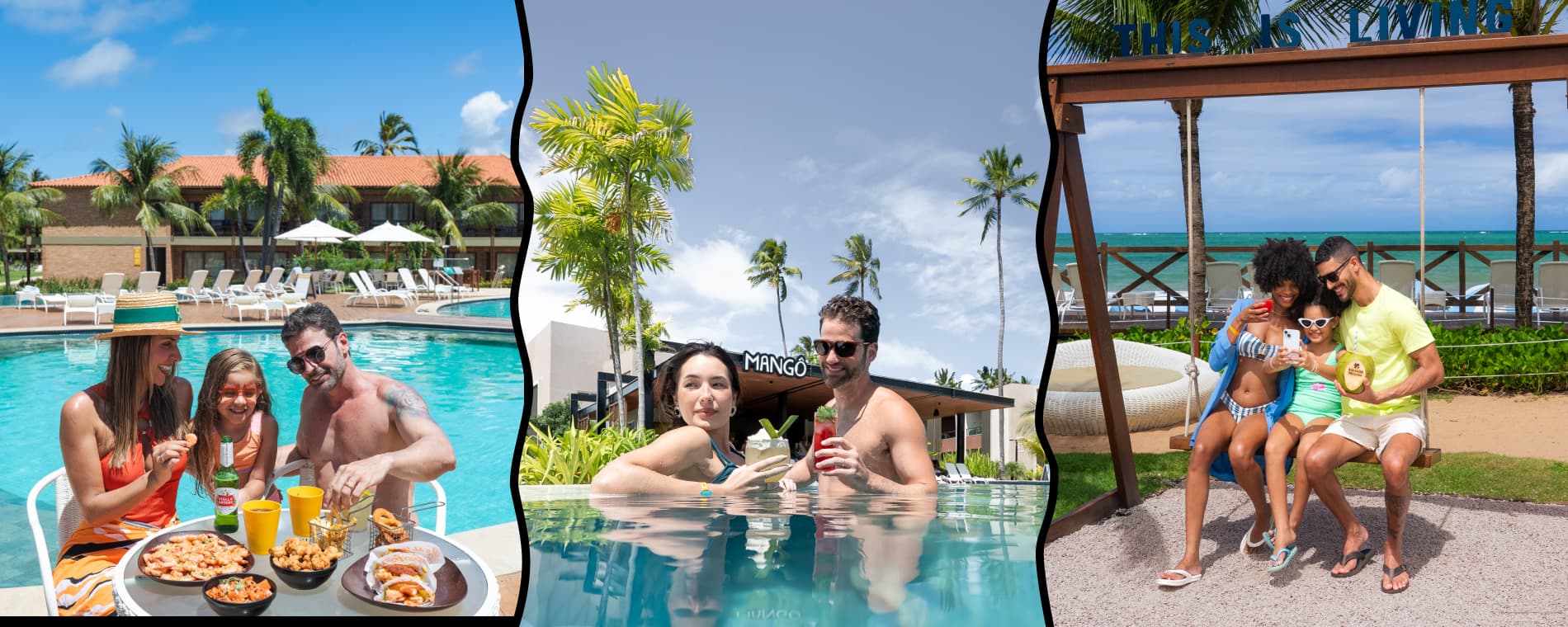 Família feliz se diverte pulando em piscina infantil do Salinas Maragogi. Casal desfruta deliciosos petiscos à beira da pisicna do Mangô Bar, no Japaratinga Lounge Resort. Família aproveita piscina infantil no Salinas Maceió.