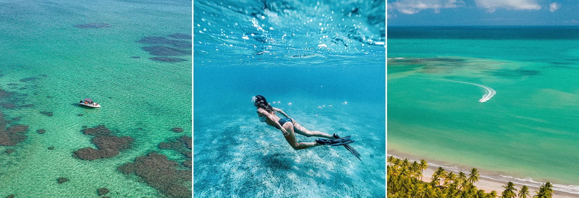 semana-do-consumidor-amarante Bloco formado por três imagens. Do lado esquerdo uma família feliz caminhando em ponte sobre a piscina infantil do Salinas Maragogi. No centro, um casal sentado em mesa branca desfruta de bebidas e petiscos ao lado da piscina do Verano no Japaratinga Lounge Resort. Do lado direito, família brinca em piscina infantil do Salinas Maceió.