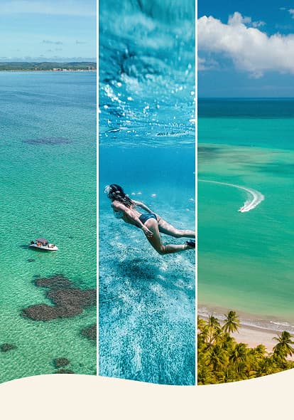 Bloco formado por três imagens. Do lado esquerdo uma família feliz caminhando em ponte sobre a piscina infantil do Salinas Maragogi. No centro, um casal sentado em mesa branca desfruta de bebidas e petiscos ao lado da piscina do Verano no Japaratinga Lounge Resort. Do lado direito, família brinca em piscina infantil do Salinas Maceió.