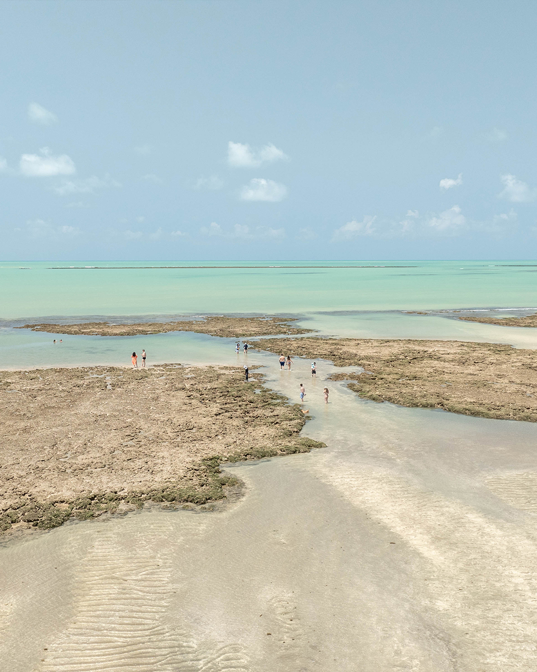 Vista aérea de um banco de areia e recifes de corais expostos pela maré baixa. A área tem pequenos grupos de pessoas caminhando na água rasa e clara. O mar azul-turquesa se estende até o horizonte e o céu tem poucas nuvens.