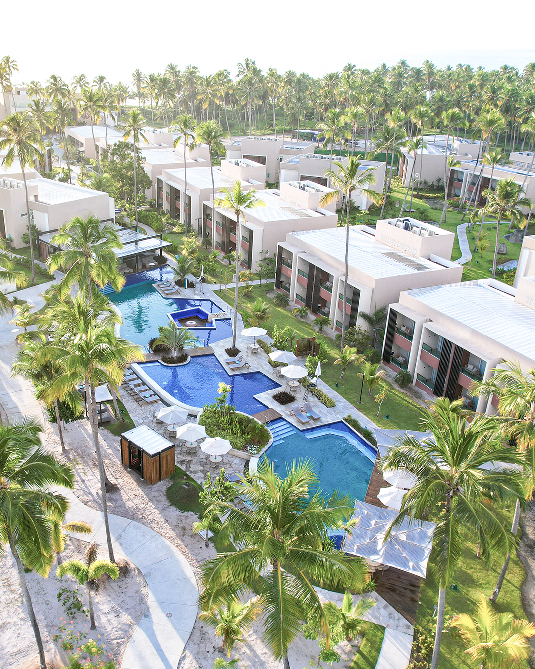 Vista do Garden Suítes do Japaratinga Lounge Resort, cercado por um vasto coqueiral. No centro, uma área de lazer com piscinas azuis, espreguiçadeiras e guarda-sóis brancos, onde há o Mangô Bar.