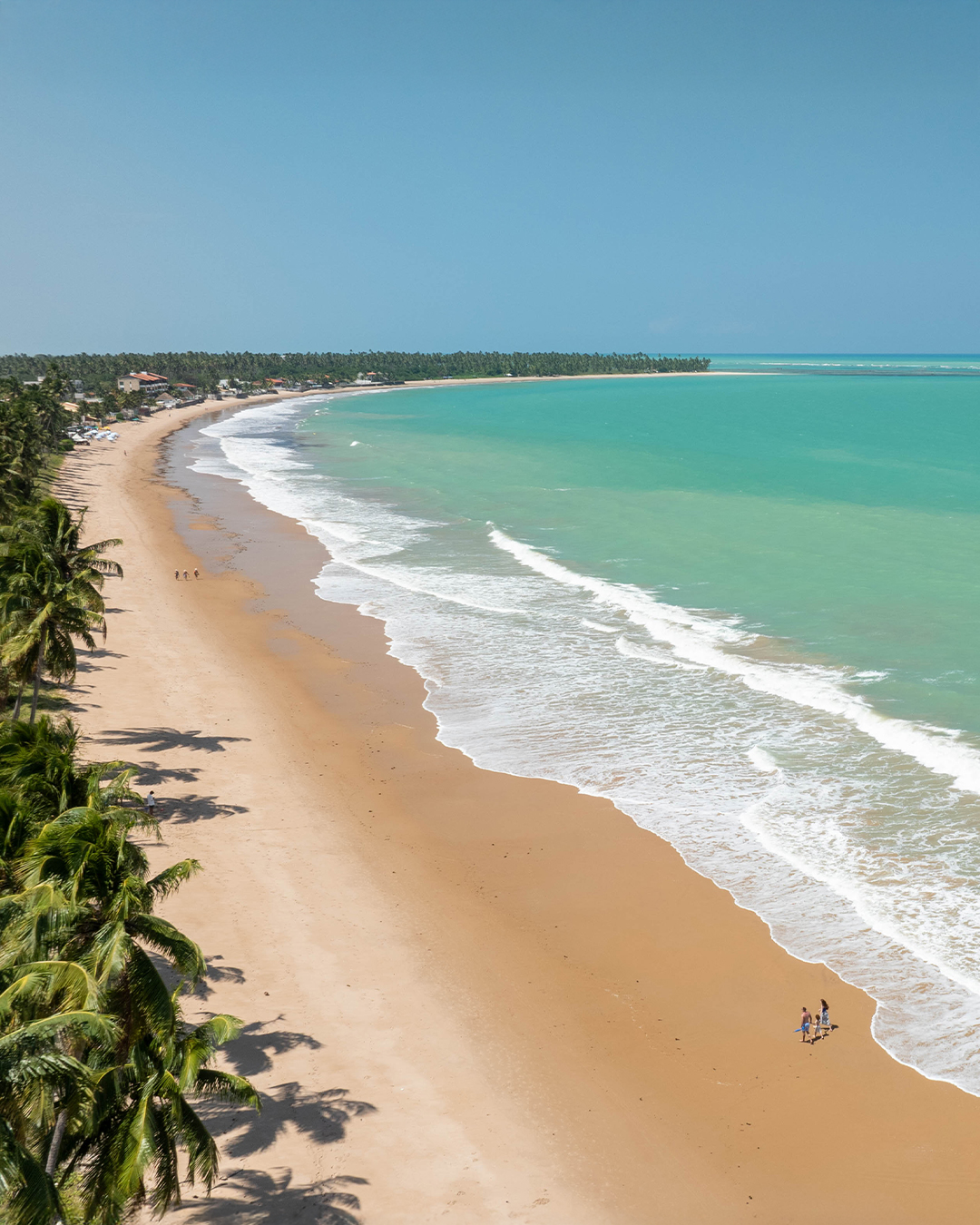 Vista da praia de Ipioca com areia clara, cercada por um denso coqueiral. O mar é de um azul-turquesa intenso, com ondas suaves quebrando na beira. Uma família caminha na areia.
