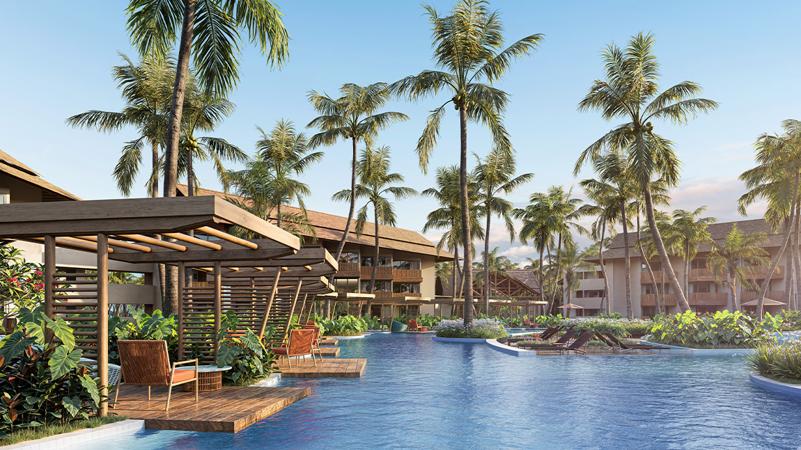 Vista da piscina em 3D de Salg Patacho Exclusive Resort de águas azuis com bangalôs de madeira integrados e coqueiros altos sob um céu claro de verão.