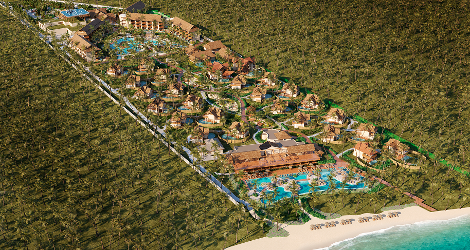 Vista aérea do 3D de Salg Patacho Exclusive Resort em meio a natureza, a um vasto coqueiral à beira da Praia de Patacho com águas cristalinas e areia branca.