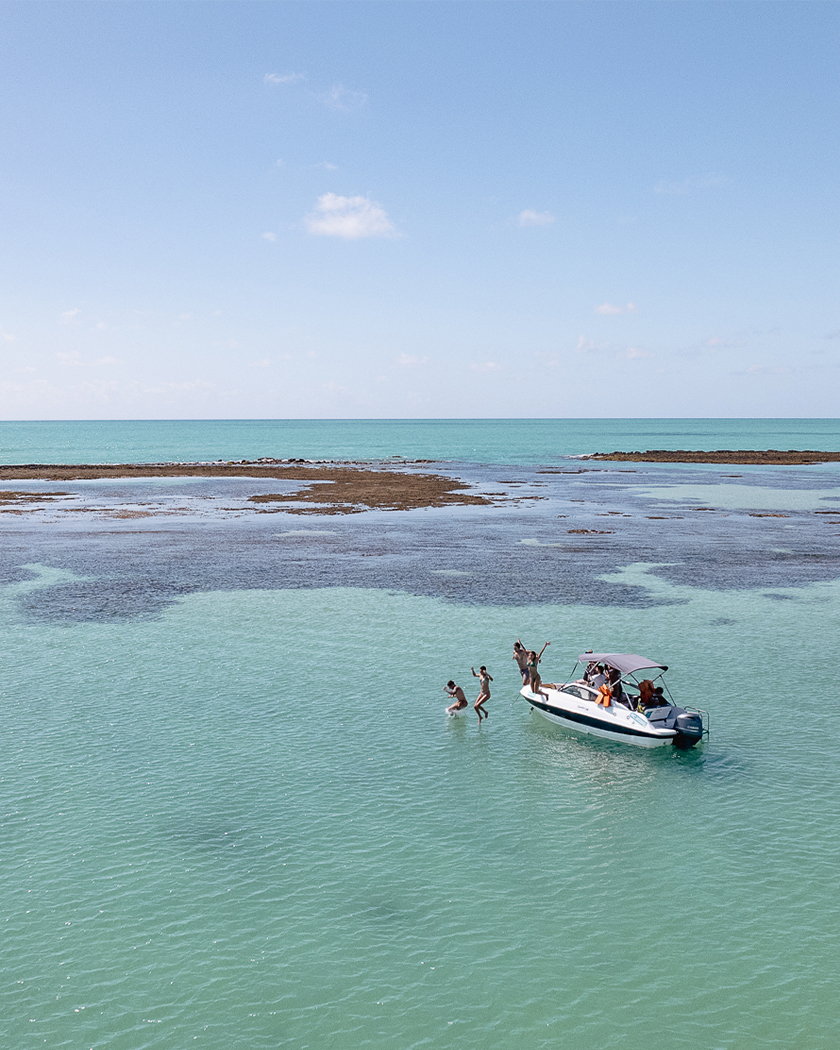 piscinas naturais japaratinga Quatro amigos pulando da lancha nas piscinas naturais de Japaratinga. Ao fundo é possível ver os recifes de corais e o céu está sem nuvens e azul.