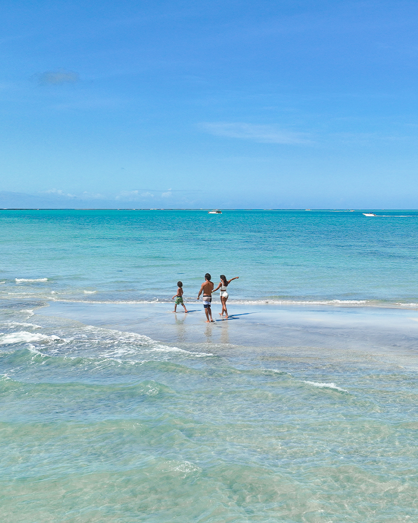 destinos paradisíacos antunes Vista aérea de uma praia da Praia de Antunes, com a família caminhando no banco de areia formado. O mar apresenta uma tonalidade azul-turquesa vibrante, cristalina e calma.