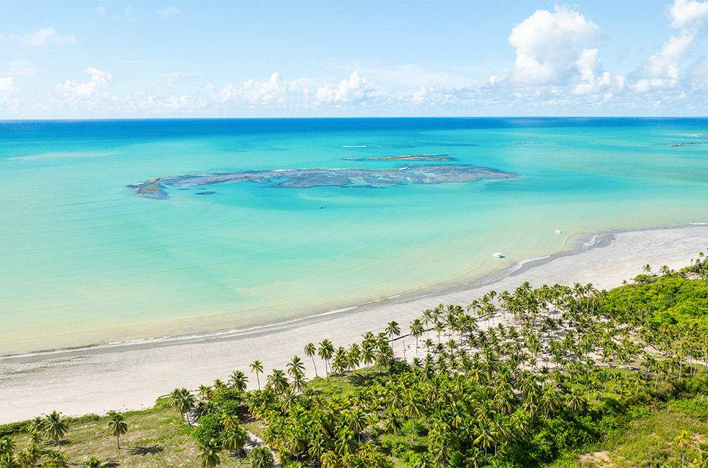 Praia de Ipioca um lugar inesquecível Vista aérea da Praia de Ipioca, com maré baixa. Possível ver a barreira de corais, com alguns barcos na parte rasa e vegetação na praia.